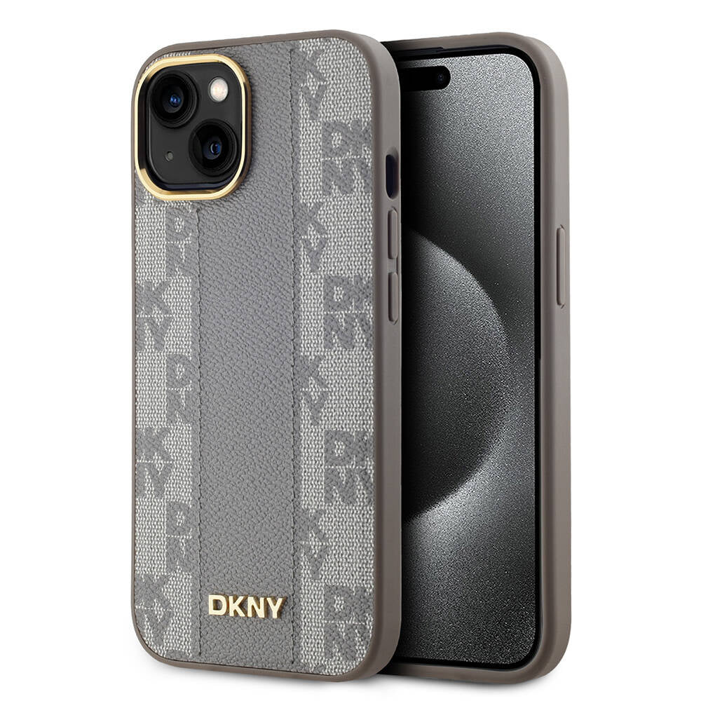 Apple iPhone 15 Kılıf DKNY Orjinal Lisanslı MagSafe Şarj Özellikli 3D Yazılı Checkered Pattern Kapak Siyah