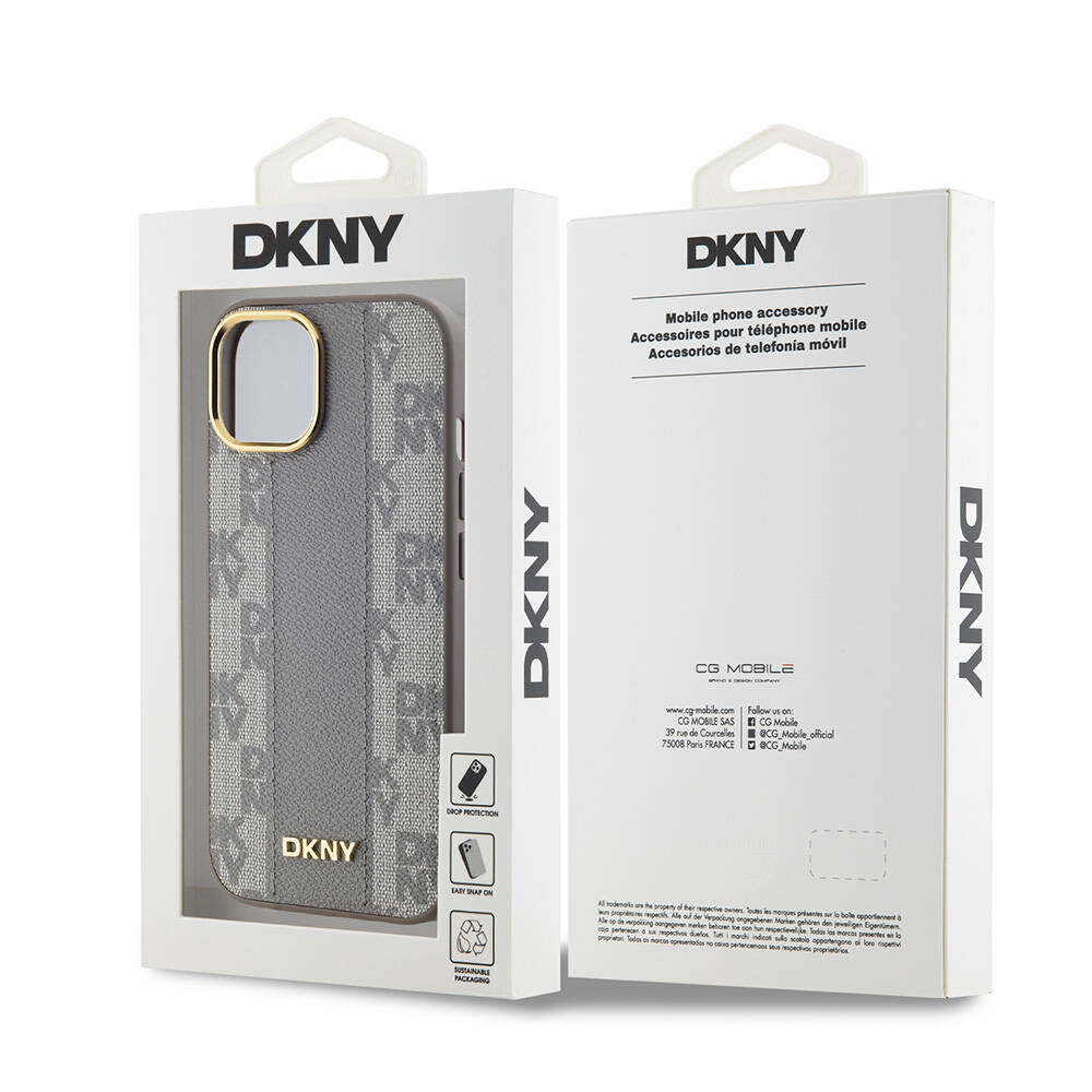 Apple iPhone 15 Kılıf DKNY Orjinal Lisanslı MagSafe Şarj Özellikli 3D Yazılı Checkered Pattern Kapak Siyah