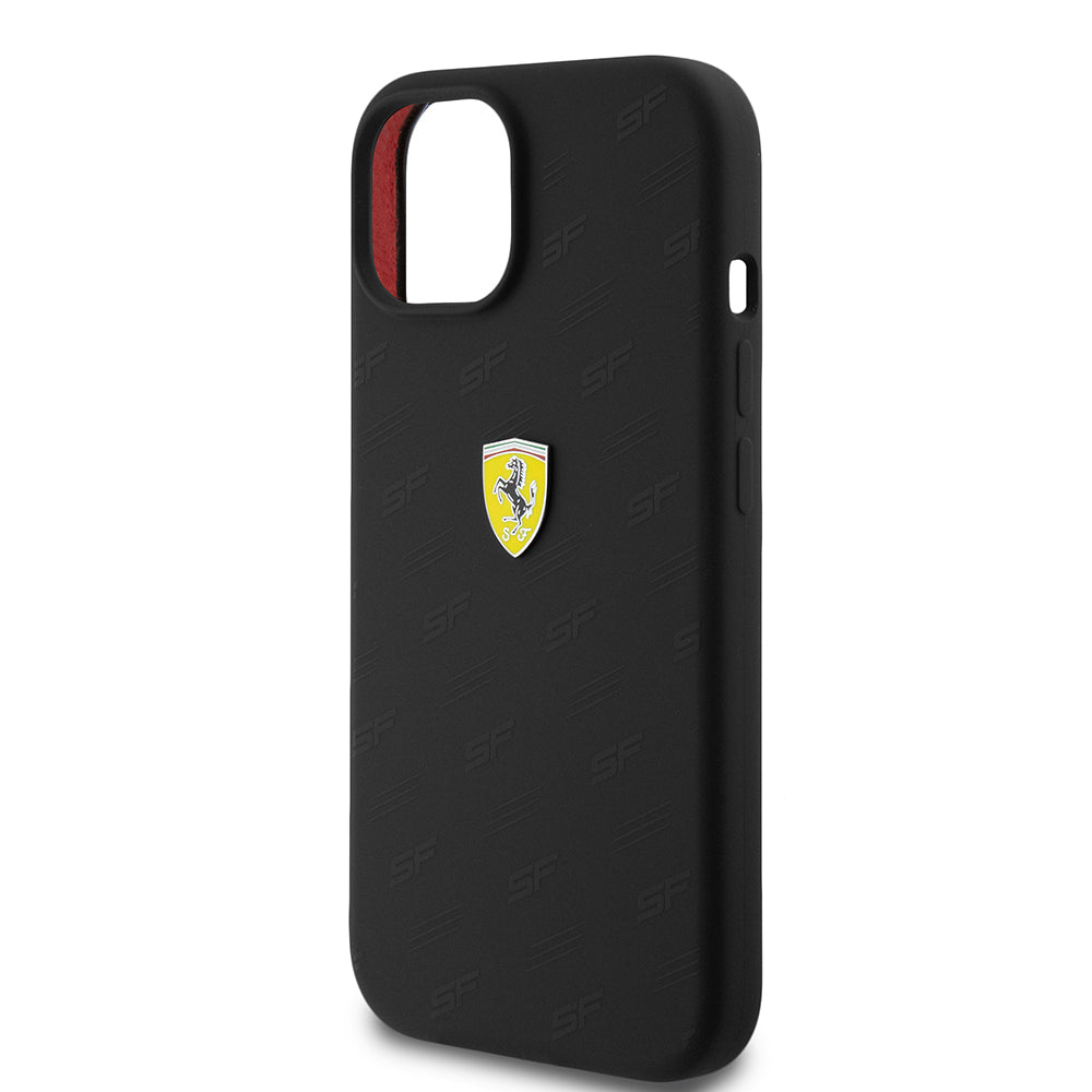 Apple iPhone 15 Kılıf Ferrari Orjinal Lisanslı Metal Logolu SF Yazılı Kapak Siyah