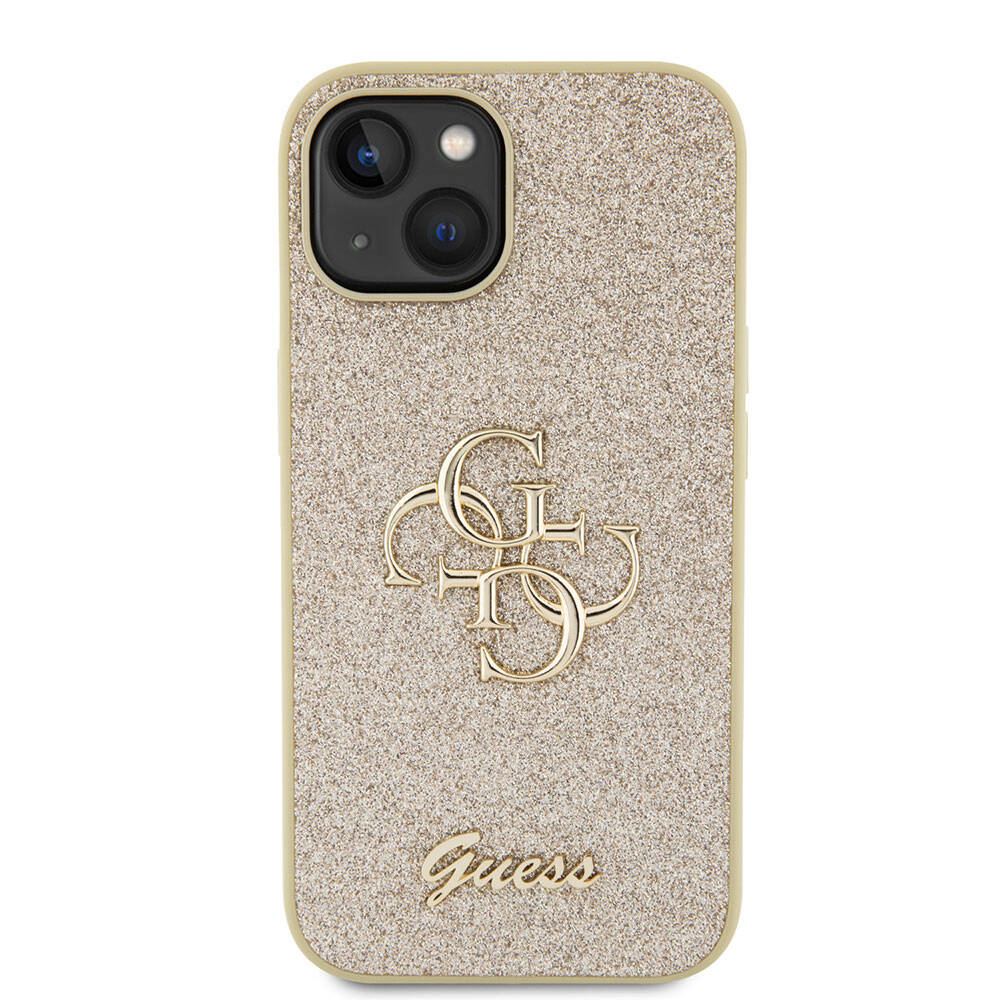 Apple iPhone 15 Kılıf Guess Orjinal Lisanslı 4G Büyük Metal Logolu Glitter Kapak Gold