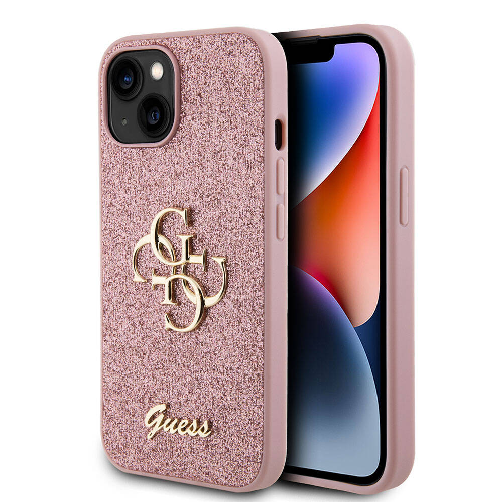 Apple iPhone 15 Kılıf Guess Orjinal Lisanslı 4G Büyük Metal Logolu Glitter Kapak Pembe