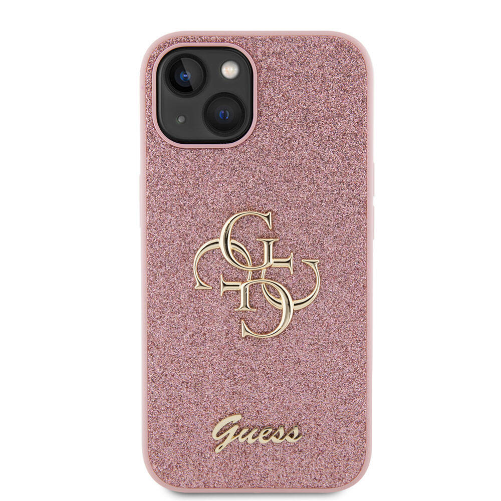 Apple iPhone 15 Kılıf Guess Orjinal Lisanslı 4G Büyük Metal Logolu Glitter Kapak Gold