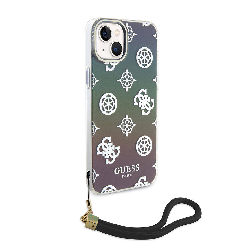 Apple iPhone 15 Kılıf Guess Orjinal Lisanslı Desenli Yazı Logolu Askı İpli Holografik Glitter Peony Kapak Pembe