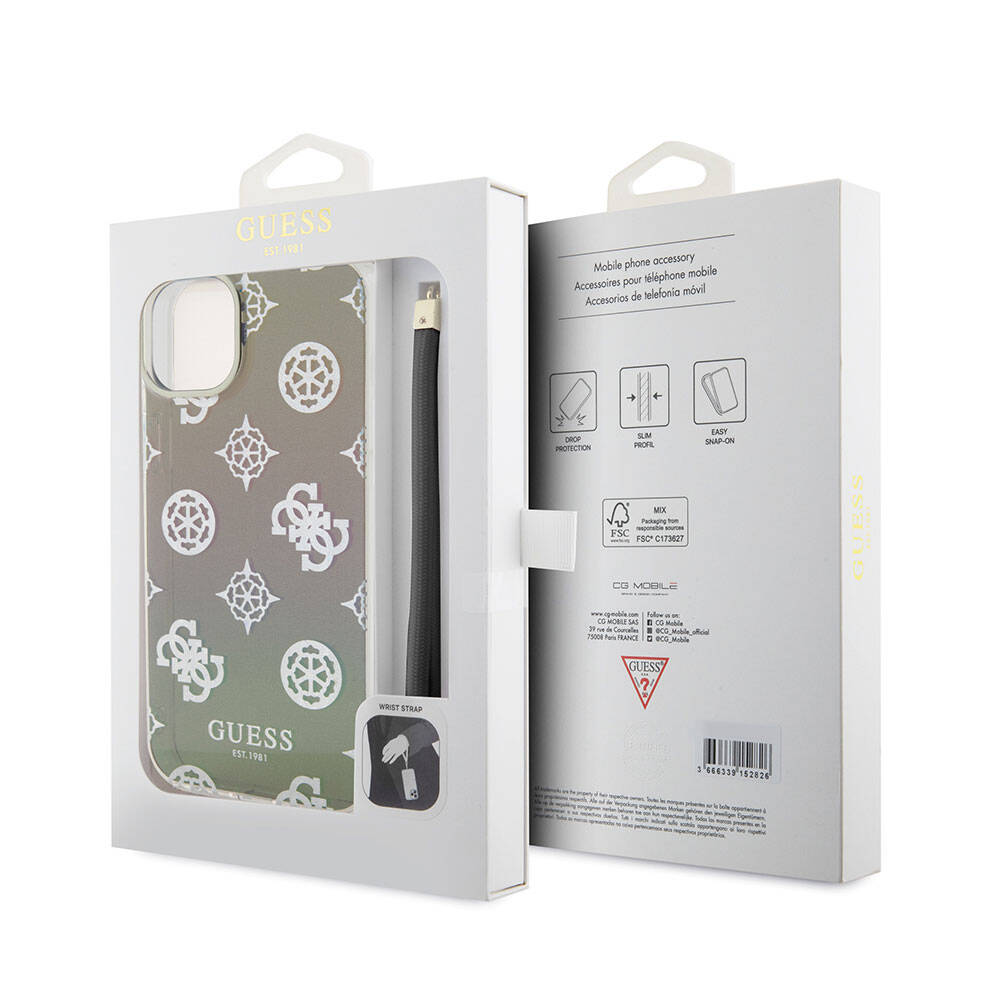 Apple iPhone 15 Kılıf Guess Orjinal Lisanslı Desenli Yazı Logolu Askı İpli Holografik Glitter Peony Kapak Turkuaz