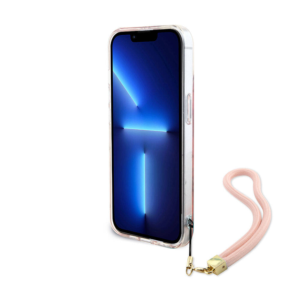 Apple iPhone 15 Kılıf Guess Orjinal Lisanslı Desenli Yazı Logolu Askı İpli Holografik Glitter Peony Kapak Mor