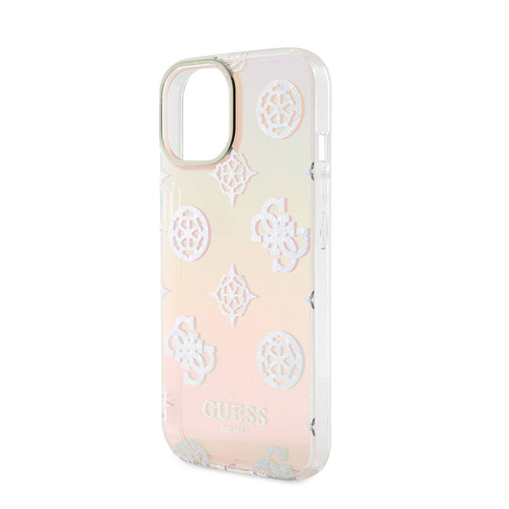Apple iPhone 15 Kılıf Guess Orjinal Lisanslı Desenli Yazı Logolu Askı İpli Holografik Glitter Peony Kapak Mor