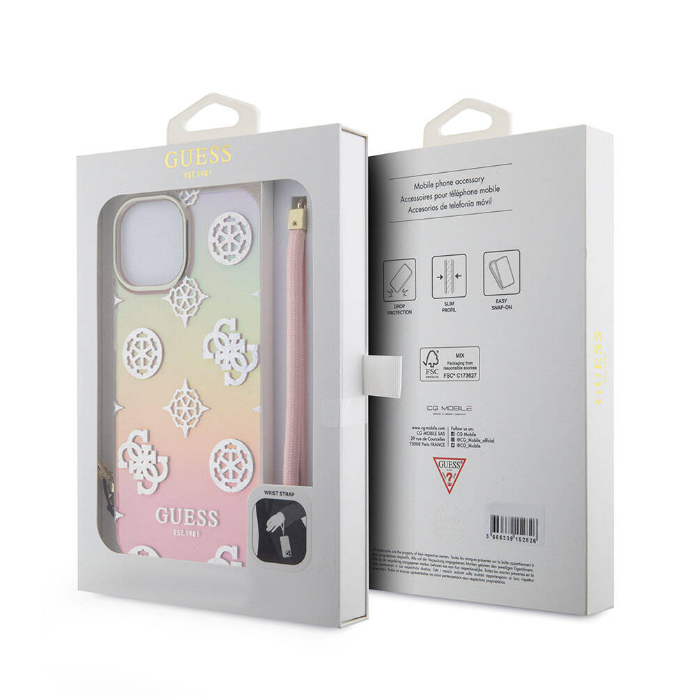 Apple iPhone 15 Kılıf Guess Orjinal Lisanslı Desenli Yazı Logolu Askı İpli Holografik Glitter Peony Kapak Siyah