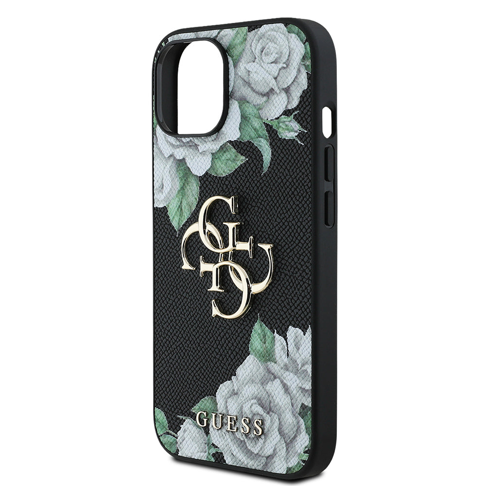 Apple iPhone 15 Kılıf Guess Orjinal Lisanslı Gül Baskılı Büyük Metal Logo Dizaynlı Kapak Pembe