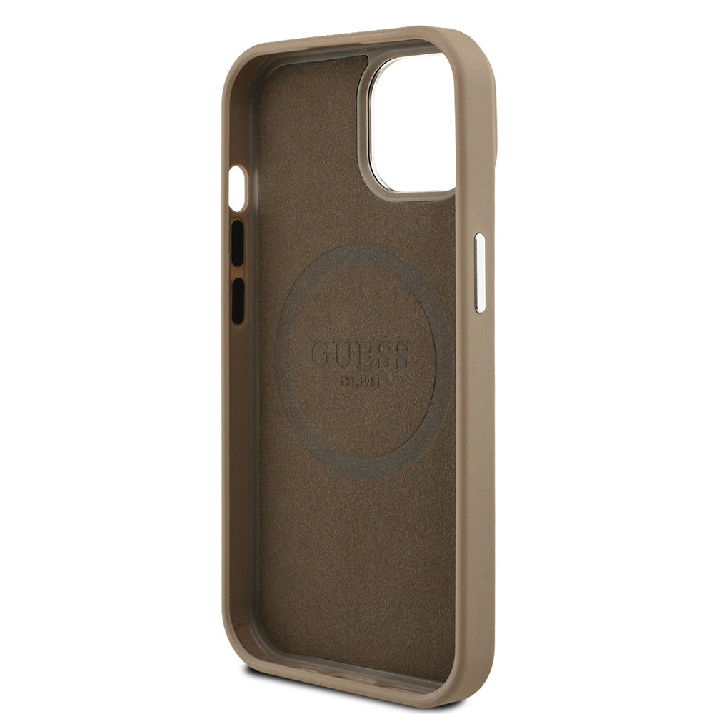 Apple iPhone 15 Kılıf Guess Orjinal Lisanslı M-safe Şarj Özellikli Grained Triangle Kapak Kahverengi