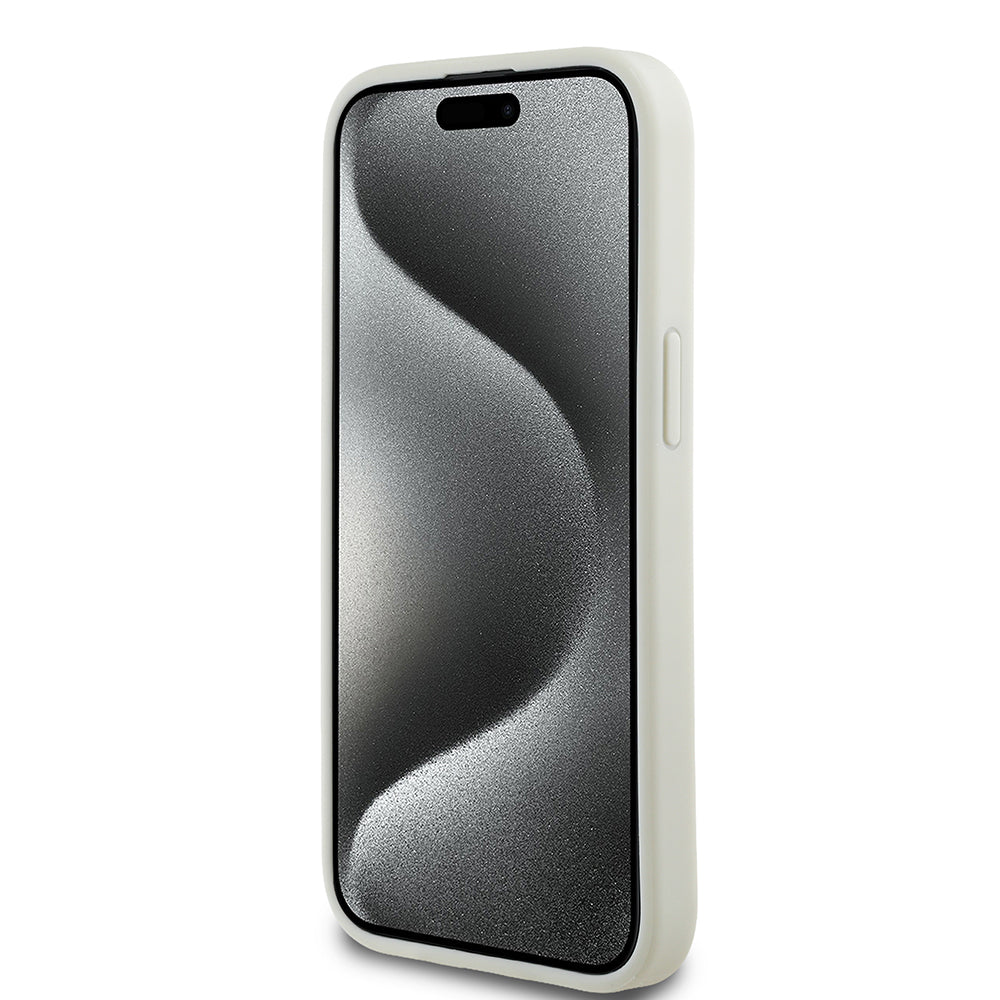 Apple iPhone 15 Kılıf Guess Orjinal Lisanslı M-safe Şarj Özellikli Sıcak Baskılı Üçgen Logolu PU Deri Peony Kapak Siyah