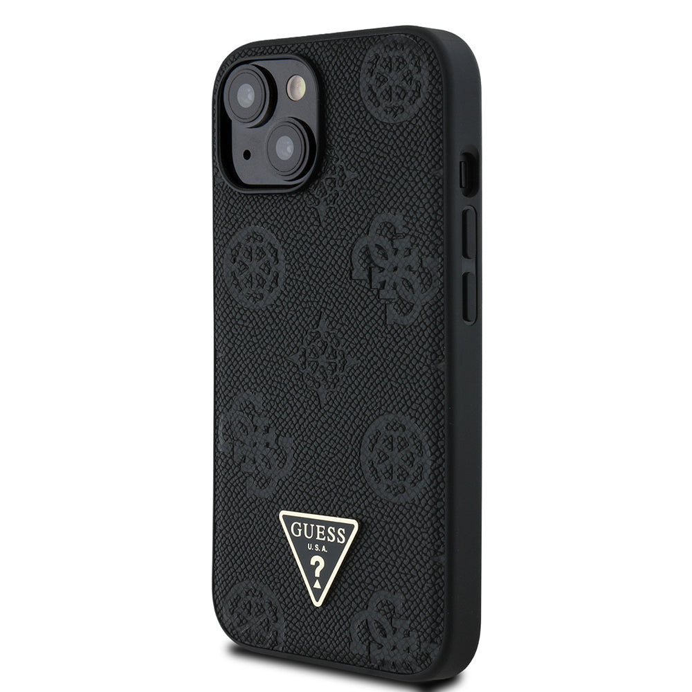 Apple iPhone 15 Kılıf Guess Orjinal Lisanslı M-safe Şarj Özellikli Sıcak Baskılı Üçgen Logolu PU Deri Peony Kapak Siyah