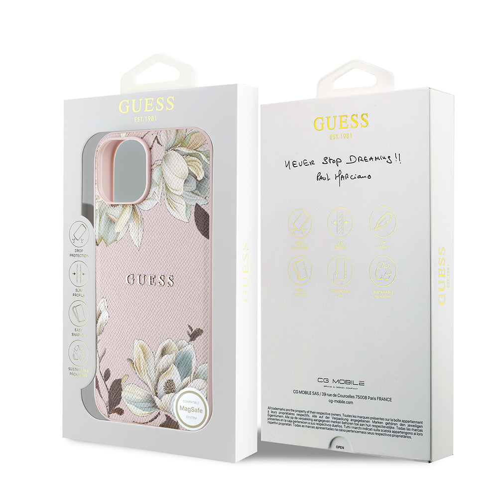 Apple iPhone 15 Kılıf Guess Orjinal Lisanslı M-safe Şarj Özellikli Taneli Çiçek Tasarımlı Metal Yazı Logolu Kapak Pembe
