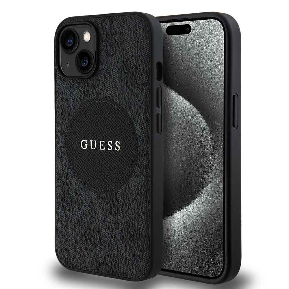 Apple iPhone 15 Kılıf Guess Orjinal Lisanslı M-safe Şarj Özellikli Yazı Logolu Circle Classic Kapak Pembe