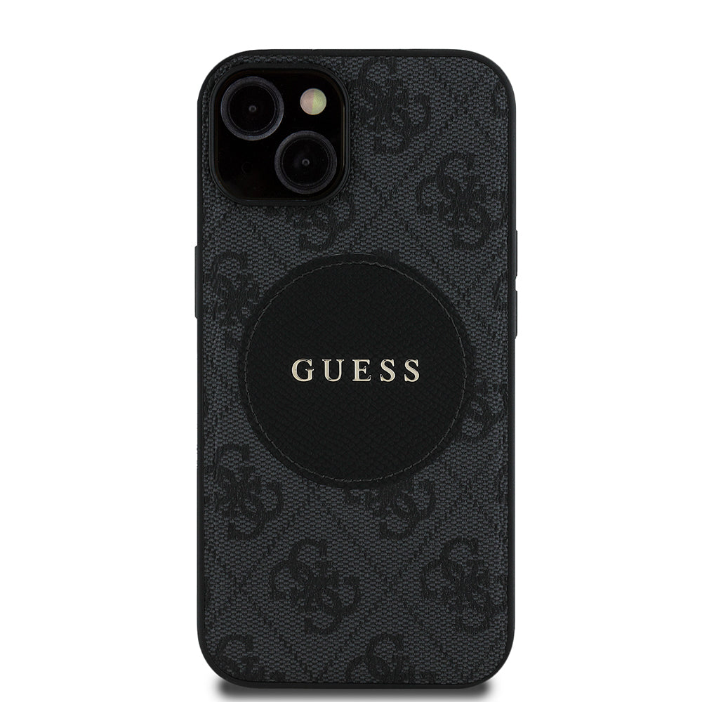 Apple iPhone 15 Kılıf Guess Orjinal Lisanslı M-safe Şarj Özellikli Yazı Logolu Circle Classic Kapak Kahverengi