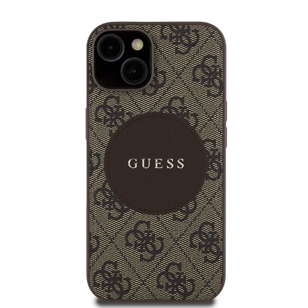 Apple iPhone 15 Kılıf Guess Orjinal Lisanslı M-safe Şarj Özellikli Yazı Logolu Circle Classic Kapak Kahverengi