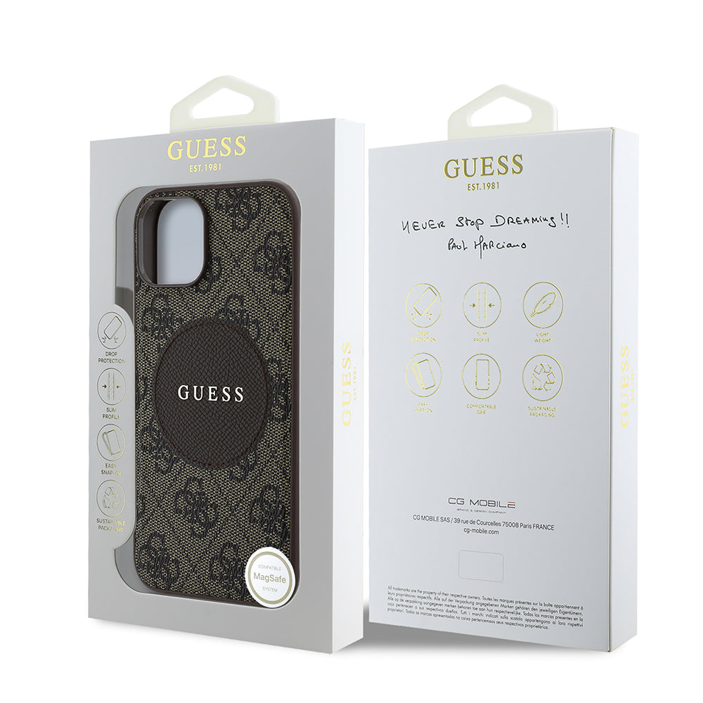 Apple iPhone 15 Kılıf Guess Orjinal Lisanslı M-safe Şarj Özellikli Yazı Logolu Circle Classic Kapak Pembe