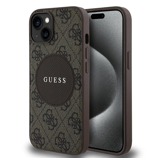 Apple iPhone 15 Kılıf Guess Orjinal Lisanslı M-safe Şarj Özellikli Yazı Logolu Circle Classic Kapak Kahverengi