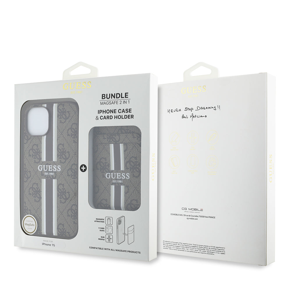 Apple iPhone 15 Kılıf Guess Orjinal Lisanslı M-safe Şarj Özellikli 4G Desenli Çizgili Kartlıklı Kapak Siyah