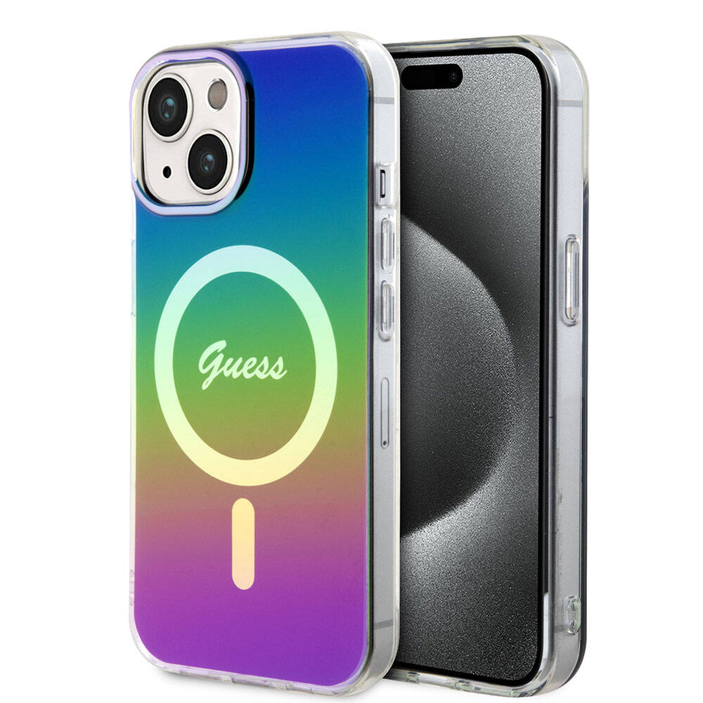Apple iPhone 15 Kılıf Guess Orjinal Lisanslı Magsafe Şarj Özellikli Yazı Logolu Iridescent Kapak Mor