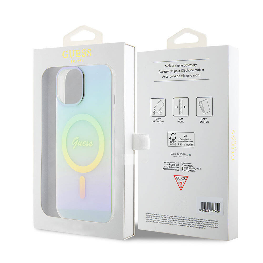Apple iPhone 15 Kılıf Guess Orjinal Lisanslı Magsafe Şarj Özellikli Yazı Logolu Iridescent Kapak Turkuaz
