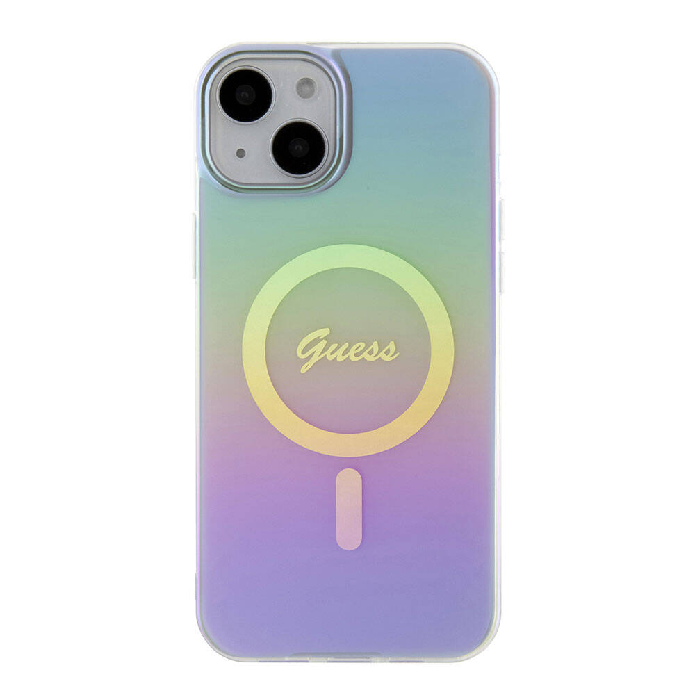 Apple iPhone 15 Kılıf Guess Orjinal Lisanslı Magsafe Şarj Özellikli Yazı Logolu Iridescent Kapak Pembe