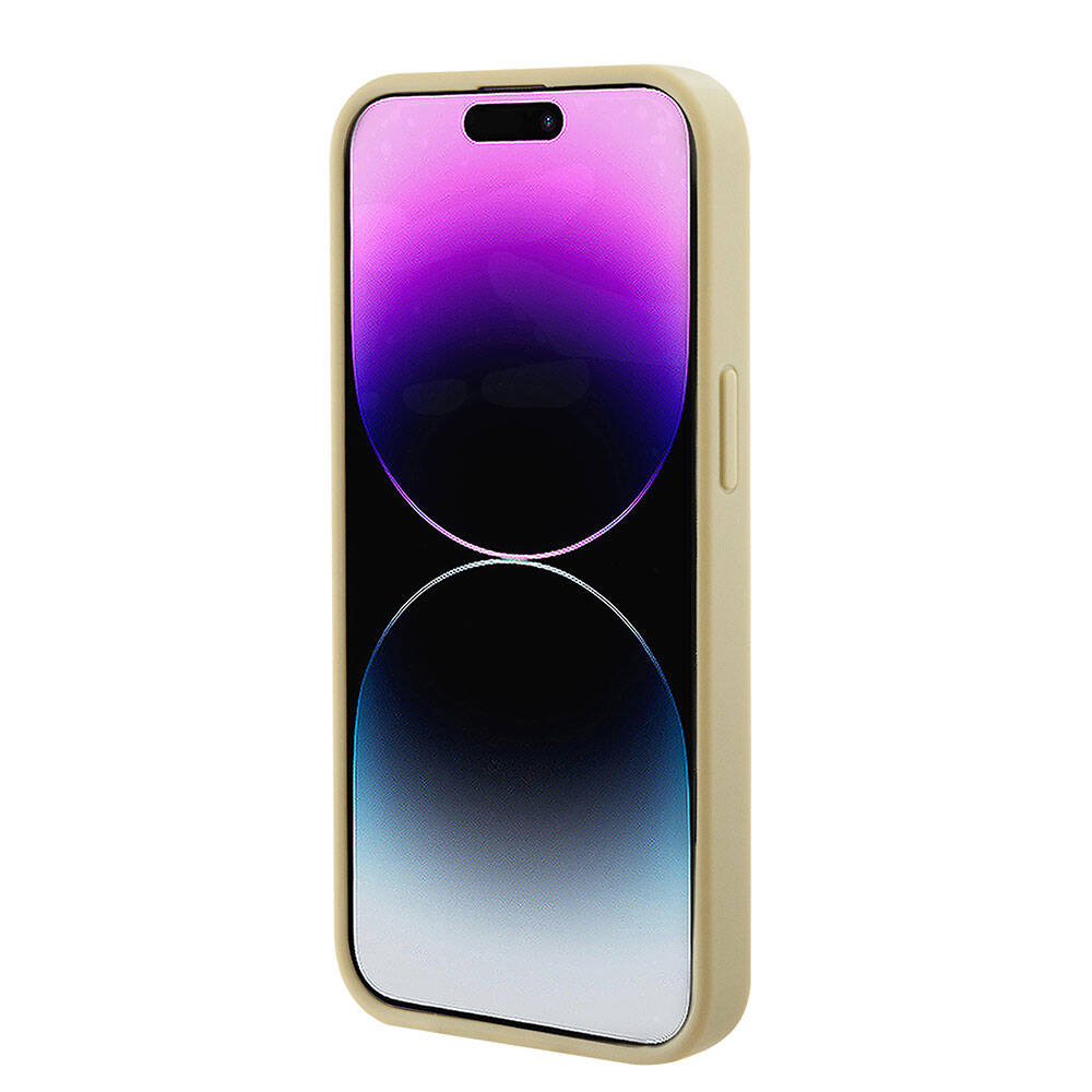 Apple iPhone 15 Kılıf Guess Orjinal Lisanslı Magsafe Şarj Özellikli Yazı Logolu Saffiano Kapak Krem