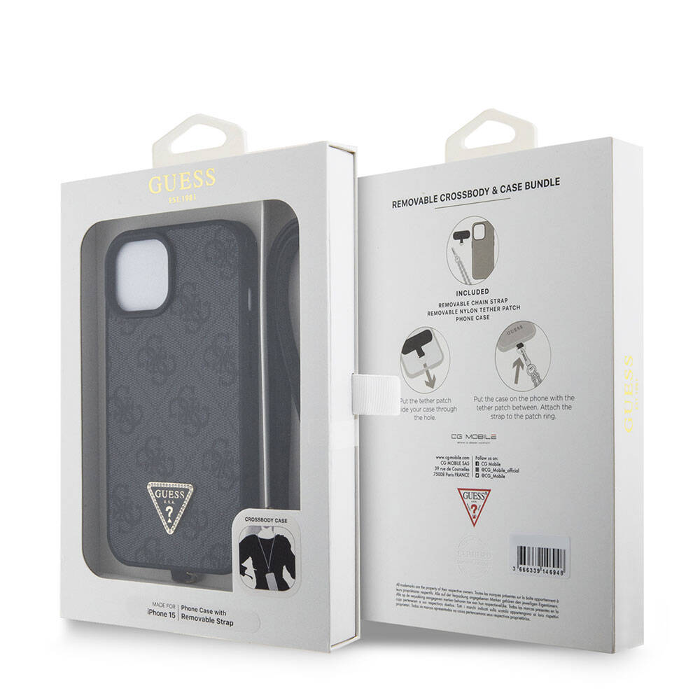 Apple iPhone 15 Kılıf Guess Orjinal Lisanslı PU Deri Askılı Taşlı Üçgen Logo 4G Desenli Strass Crossbody Kapak Siyah