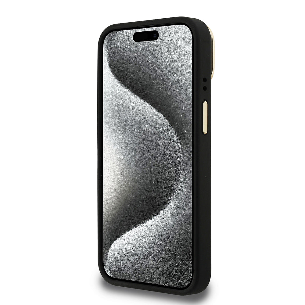 Apple iPhone 15 Kılıf Guess Orjinal Lisanslı PU Deri Taşlı Üçgen Logo 4G Desenli Kamera Standlı Kapak Siyah