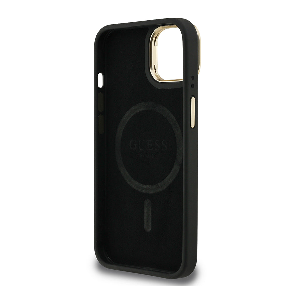 Apple iPhone 15 Kılıf Guess Orjinal Lisanslı PU Deri Taşlı Üçgen Logo 4G Desenli Kamera Standlı Kapak Siyah