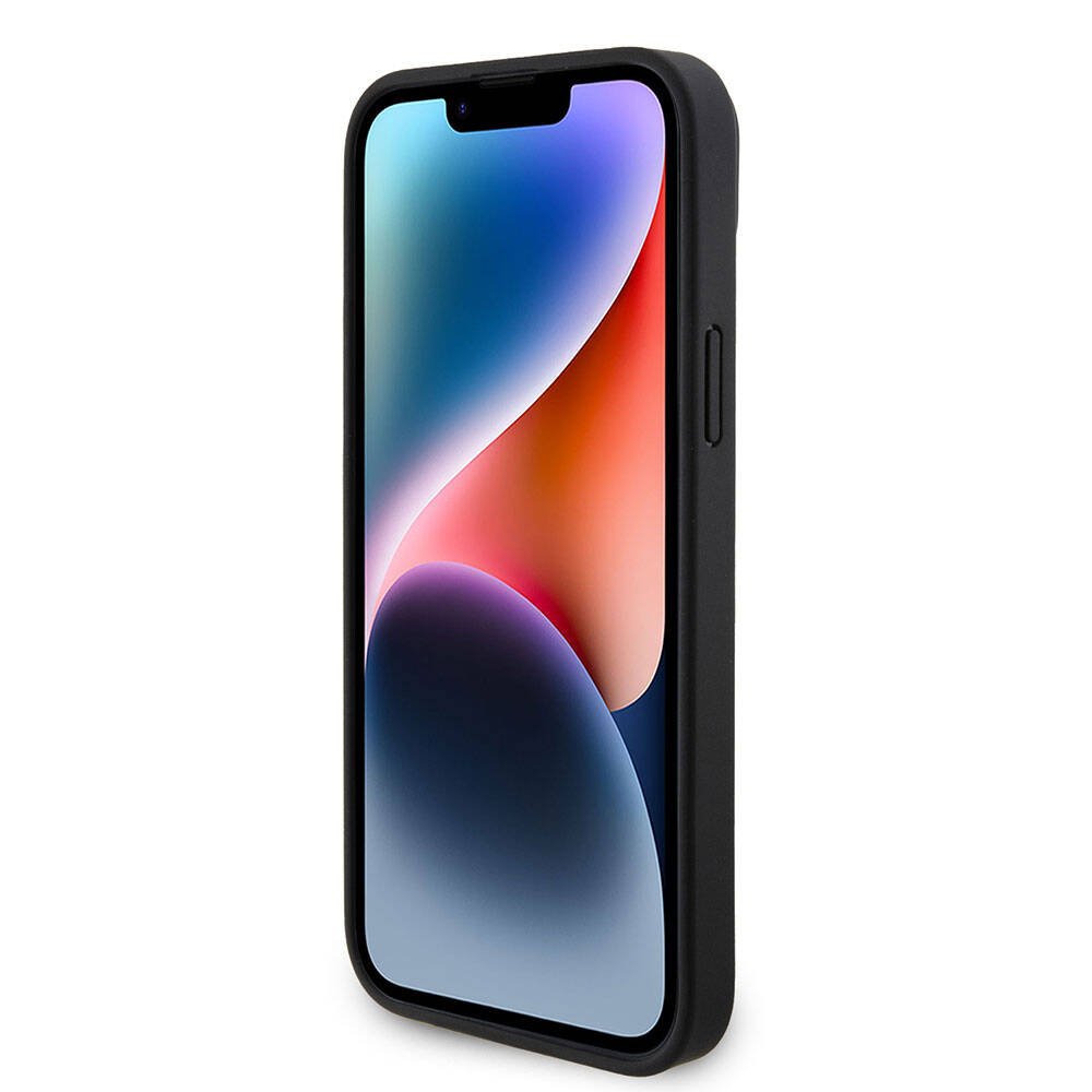 Apple iPhone 15 Kılıf Guess Orjinal Lisanslı PU Deri Taşlı Üçgen Logo 4G Desenli Strass Kapak Siyah