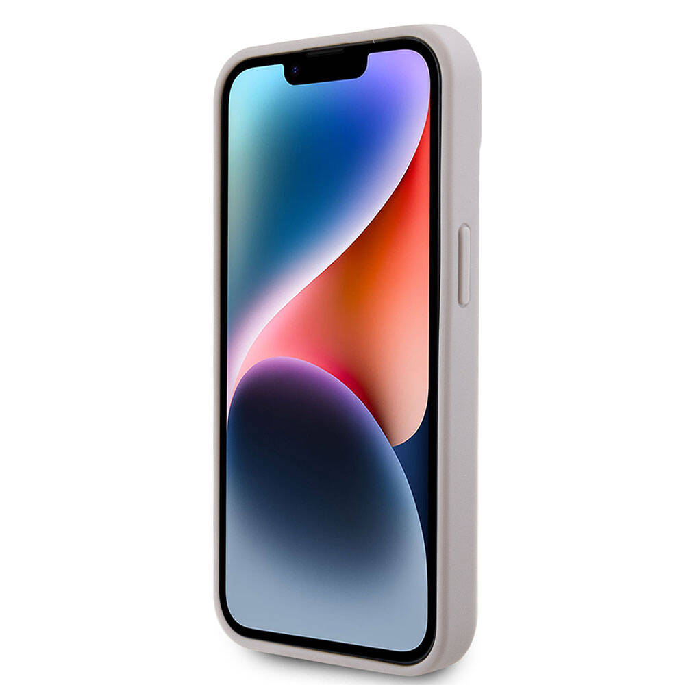 Apple iPhone 15 Kılıf Guess Orjinal Lisanslı PU Deri Taşlı Üçgen Logo 4G Desenli Strass Kapak Pembe