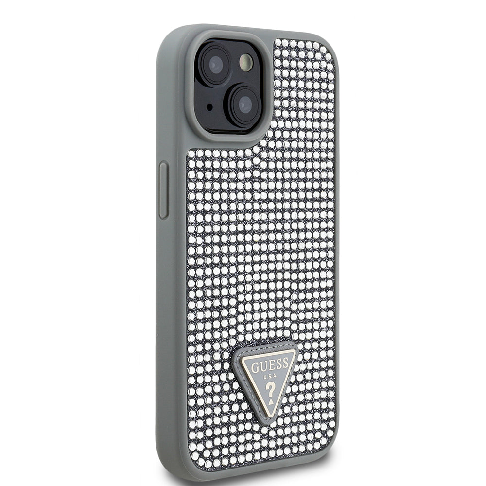 Apple iPhone 15 Kılıf Guess Orjinal Lisanslı Taşlı Arka Yüzey Üçgen Logolu Kapak Siyah