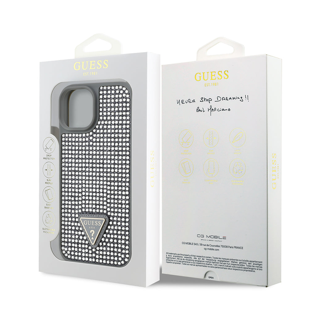 Apple iPhone 15 Kılıf Guess Orjinal Lisanslı Taşlı Arka Yüzey Üçgen Logolu Kapak Siyah