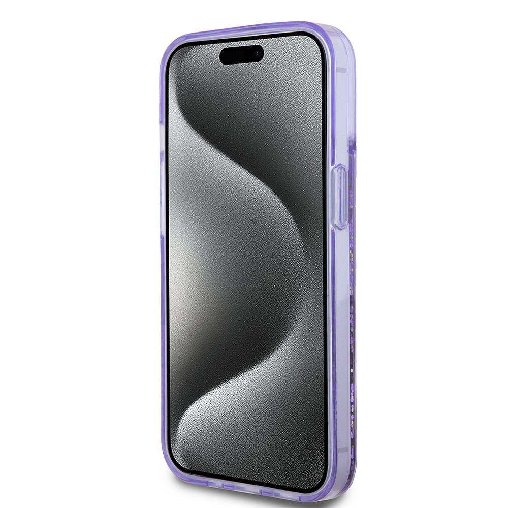 Apple iPhone 15 Kılıf Guess Orjinal Lisanslı Transparan Sıvılı Simli Altın Çizgili Kapak Pembe