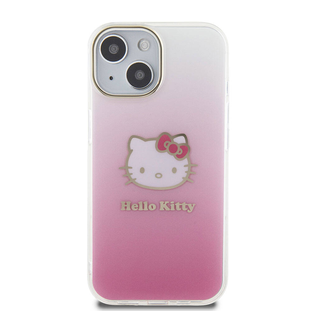 Apple iPhone 15 Kılıf Hello Kitty Orjinal Lisanslı Yazı ve İkonik Logolu Elektroplating Kaplama Gradyan Kapak Pembe