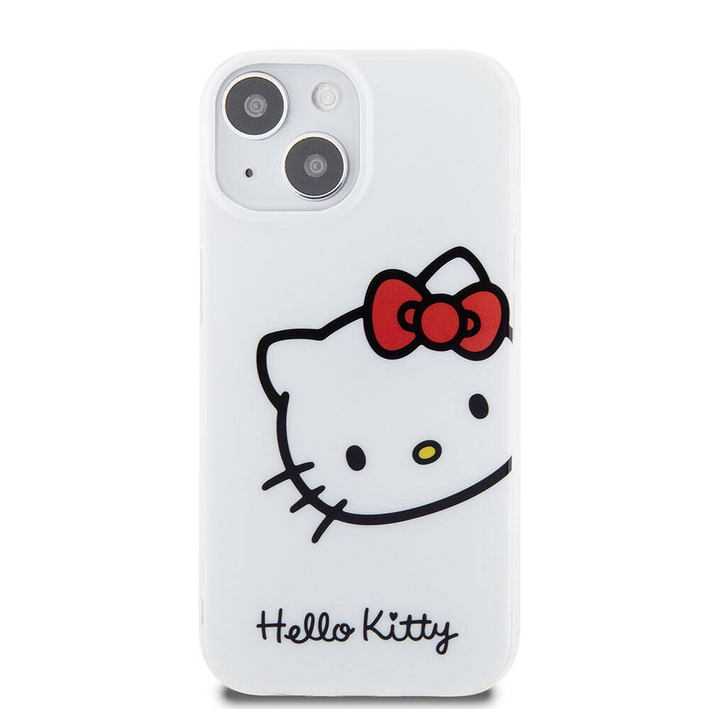 Apple iPhone 15 Kılıf Hello Kitty Orjinal Lisanslı Yazı ve İkonik Logolu Kitty Head Kapak Beyaz
