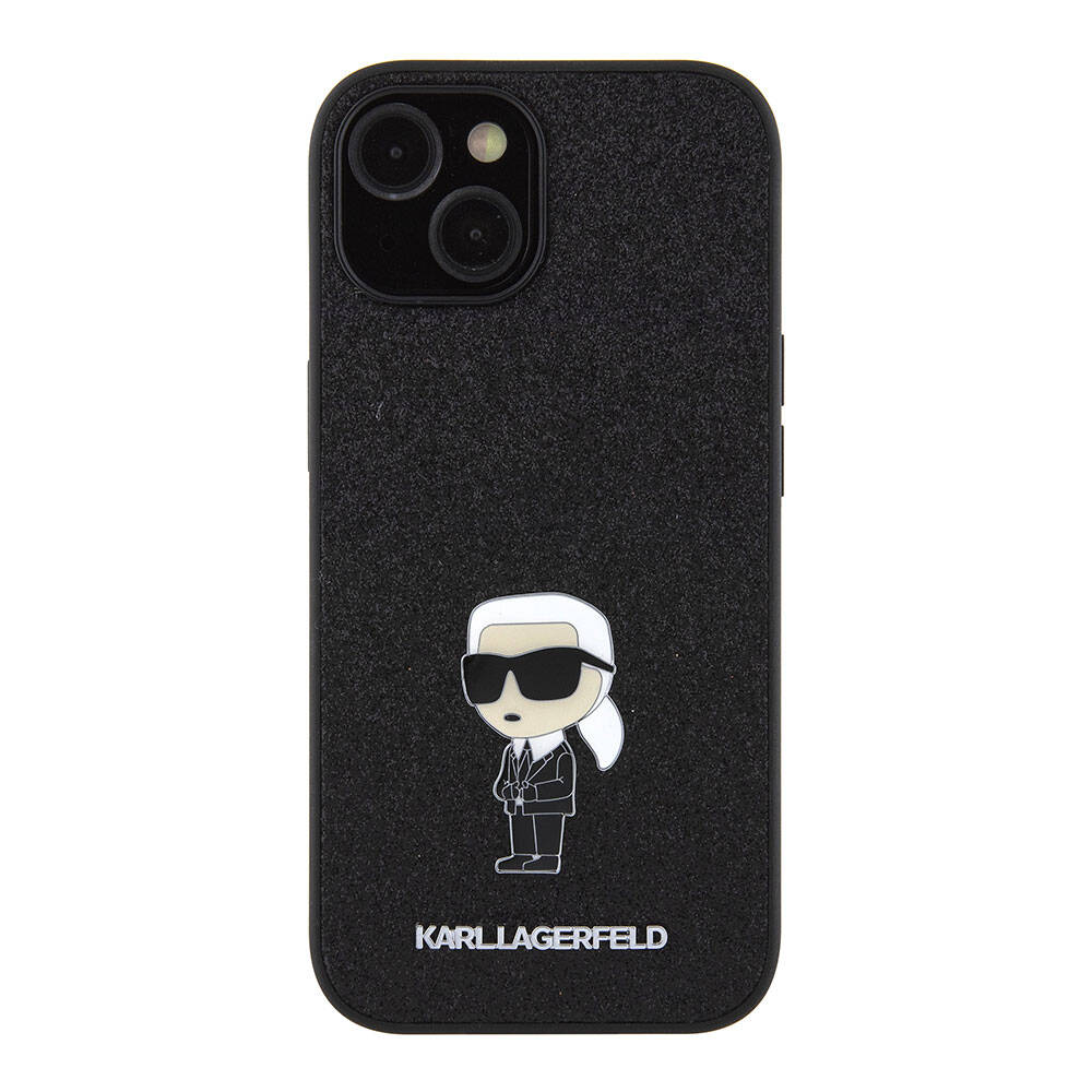 Apple iPhone 15 Kılıf Karl Lagerfeld İkonik Fixed Glitter Metal Logo Orjinal Lisanslı Kapak Siyah
