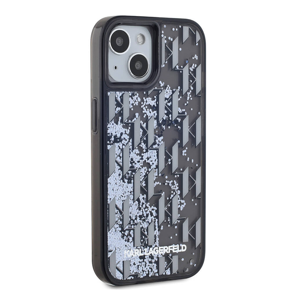 Apple iPhone 15 Kılıf Karl Lagerfeld Orjinal Lisanslı Simli KL Yazılı Monogram Gradıent Kapak Siyah