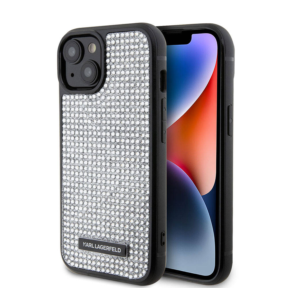 Apple iPhone 15 Kılıf Karl Lagerfeld Taşlı Metal Logo Orjinal Lisanslı Kapak Gümüş