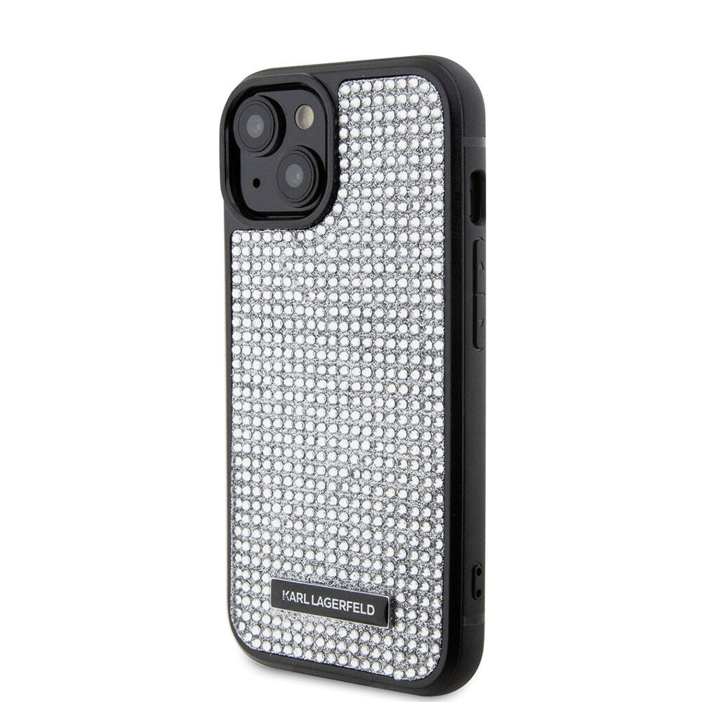 Apple iPhone 15 Kılıf Karl Lagerfeld Taşlı Metal Logo Orjinal Lisanslı Kapak Siyah