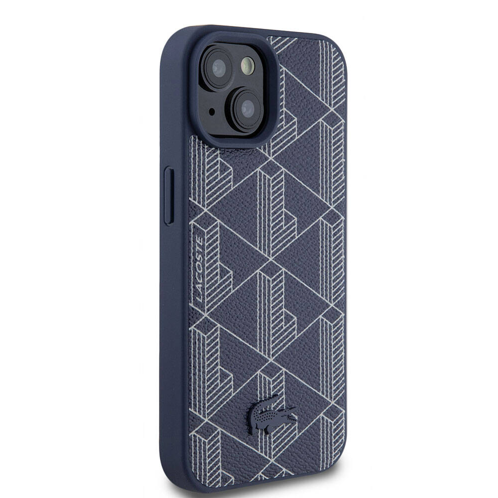 Apple iPhone 15 Kılıf Lacoste Orjinal Lisanslı Magsafe Şarj Özellikli PU Deri Görünümlü Karışık Monogram Desenli Kapak Lacivert