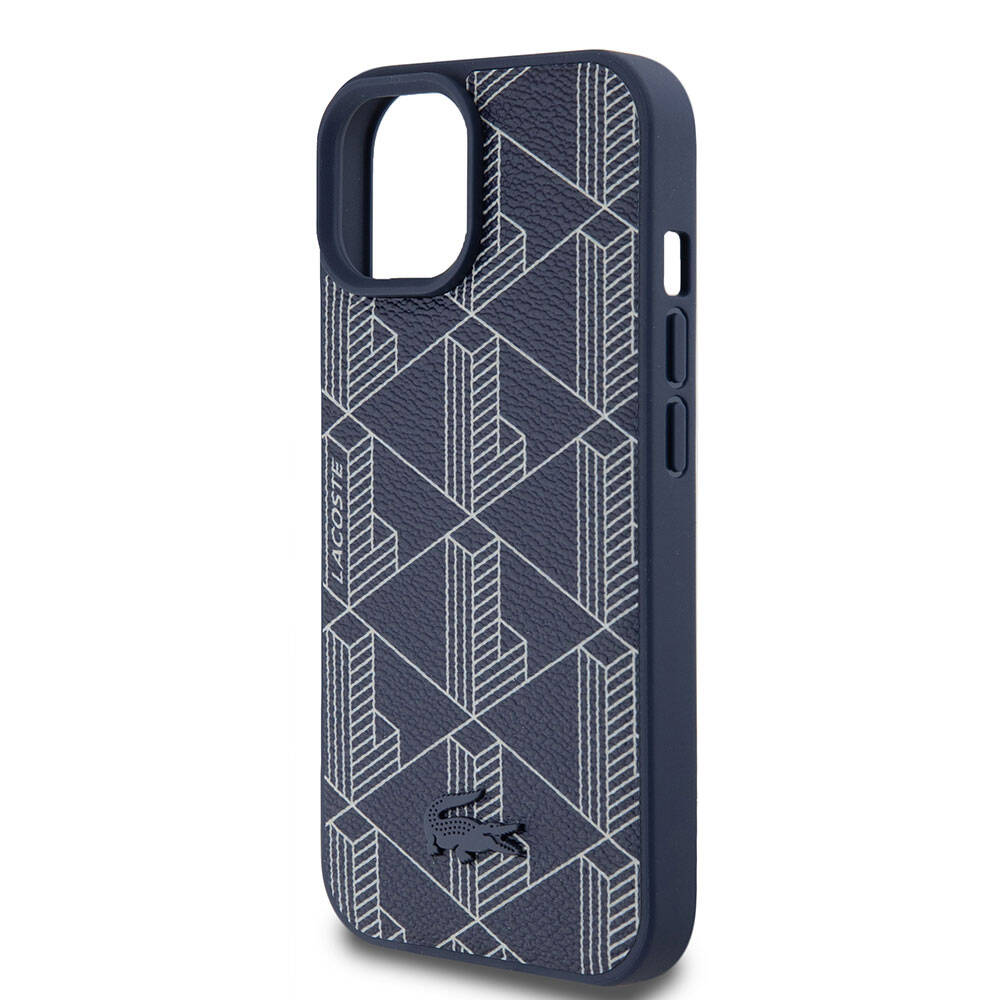 Apple iPhone 15 Kılıf Lacoste Orjinal Lisanslı Magsafe Şarj Özellikli PU Deri Görünümlü Karışık Monogram Desenli Kapak Lacivert