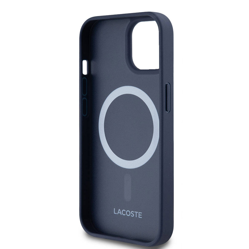 Apple iPhone 15 Kılıf Lacoste Orjinal Lisanslı Magsafe Şarj Özellikli PU Deri Görünümlü Karışık Monogram Desenli Kapak Lacivert