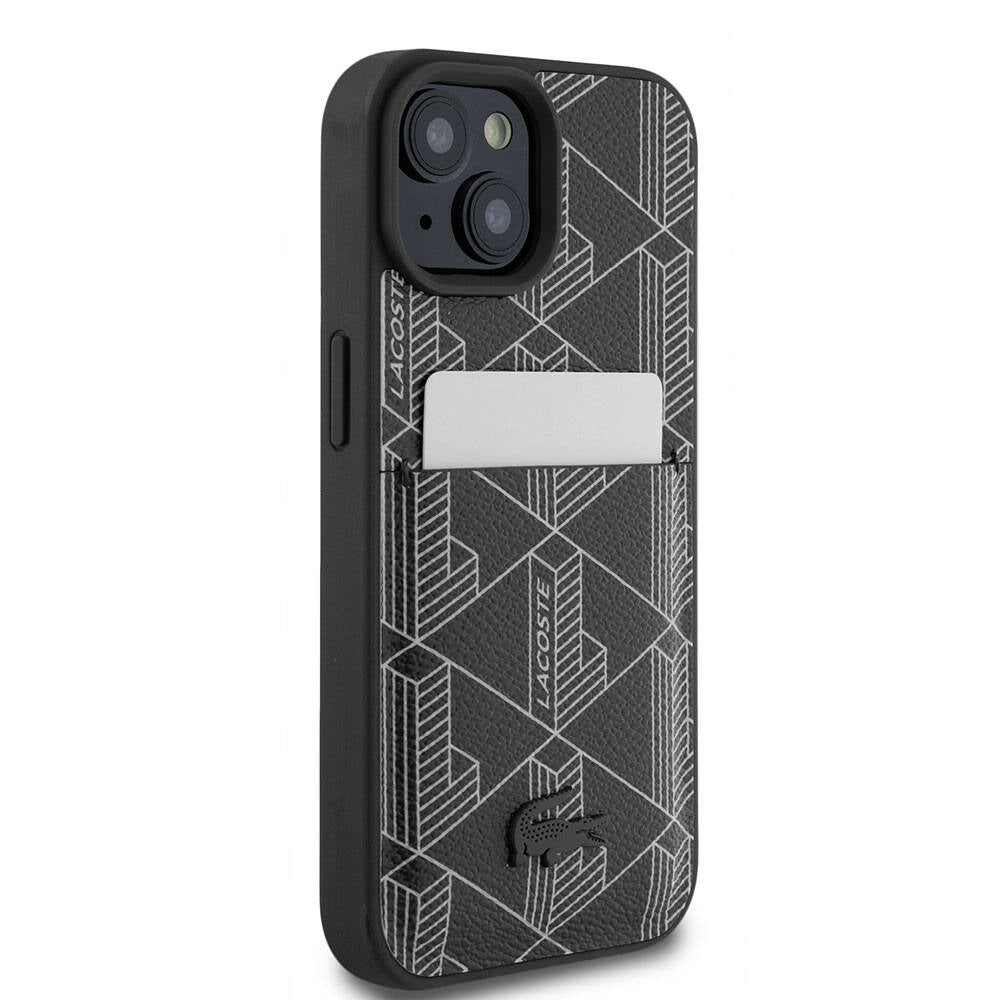 Apple iPhone 15 Kılıf Lacoste Orjinal Lisanslı Magsafe Şarj Özellikli PU Deri Görünümlü Kartlıklı Karışık Monogram Desenli Kapak Siyah