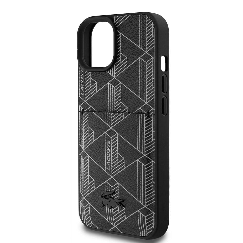 Apple iPhone 15 Kılıf Lacoste Orjinal Lisanslı Magsafe Şarj Özellikli PU Deri Görünümlü Kartlıklı Karışık Monogram Desenli Kapak Siyah