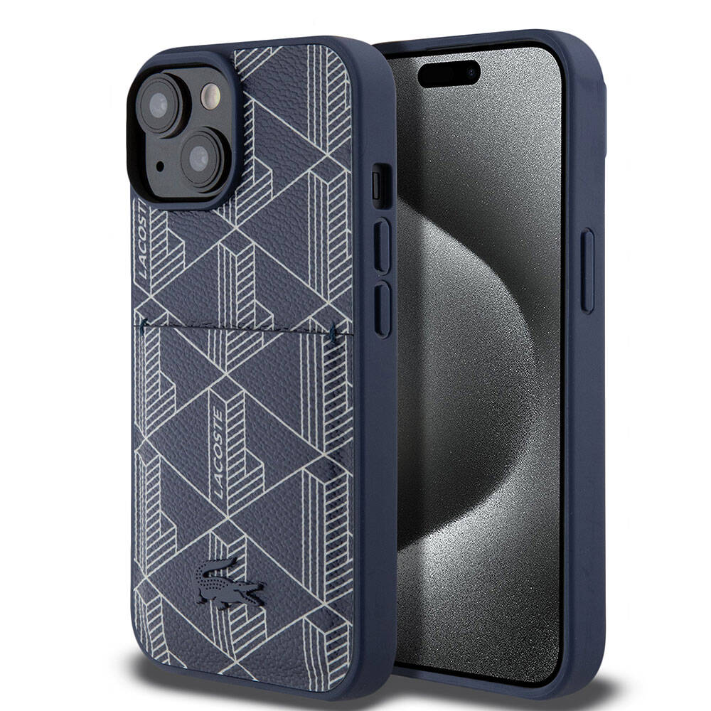 Apple iPhone 15 Kılıf Lacoste Orjinal Lisanslı Magsafe Şarj Özellikli PU Deri Görünümlü Kartlıklı Karışık Monogram Desenli Kapak Siyah