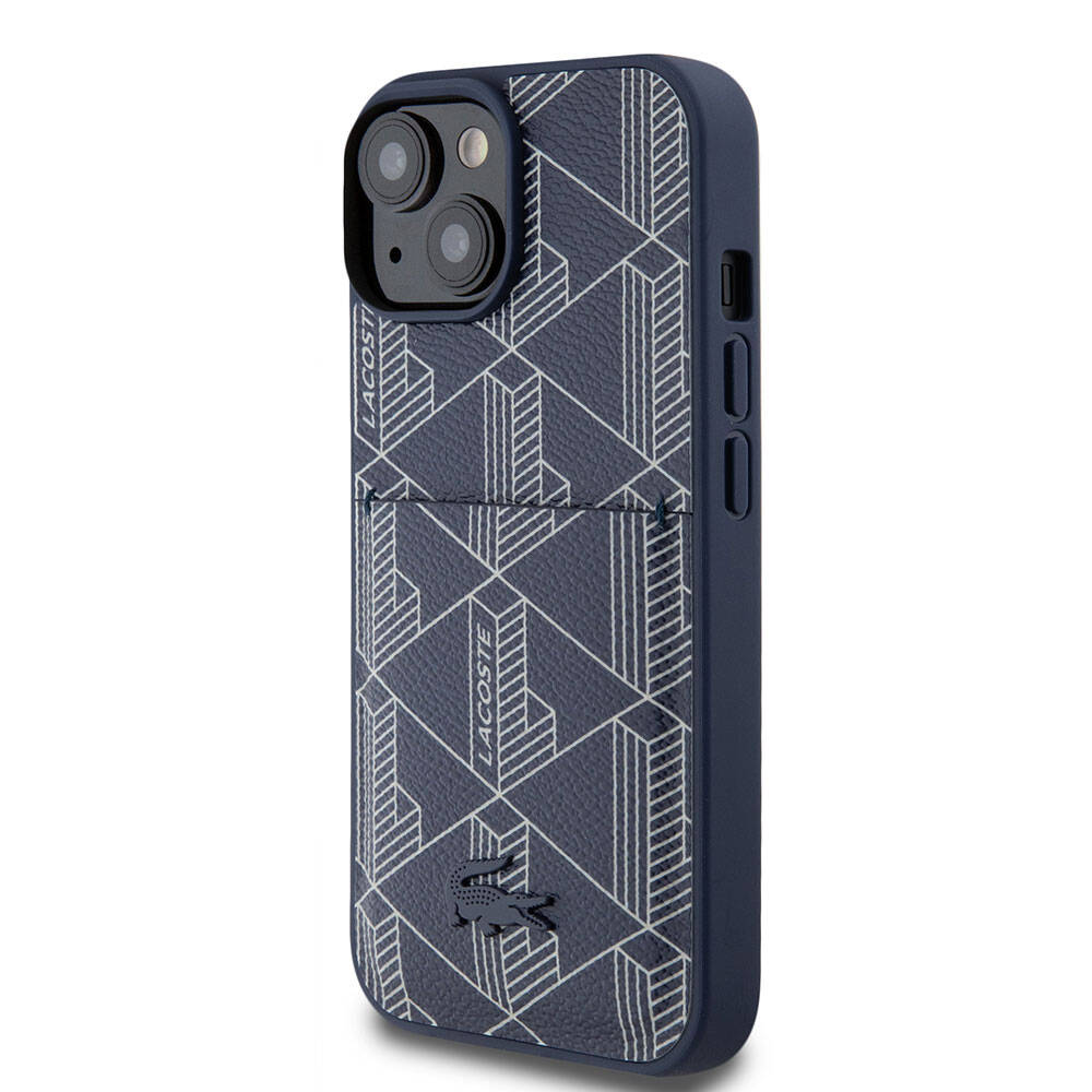 Apple iPhone 15 Kılıf Lacoste Orjinal Lisanslı Magsafe Şarj Özellikli PU Deri Görünümlü Kartlıklı Karışık Monogram Desenli Kapak Siyah