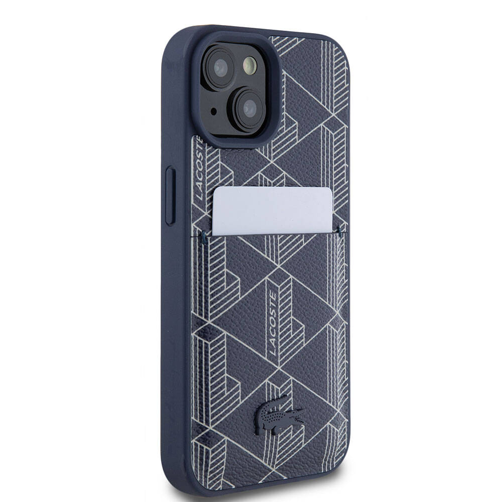 Apple iPhone 15 Kılıf Lacoste Orjinal Lisanslı Magsafe Şarj Özellikli PU Deri Görünümlü Kartlıklı Karışık Monogram Desenli Kapak Lacivert
