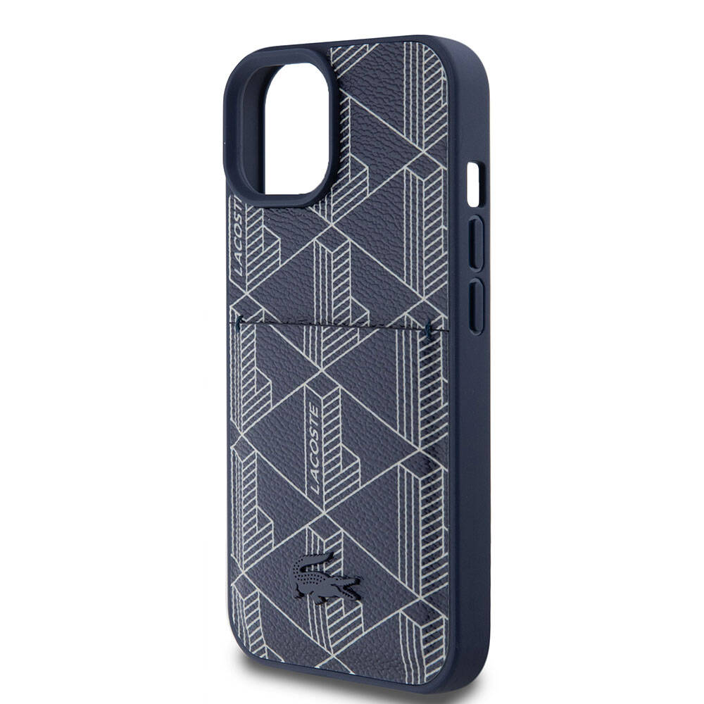Apple iPhone 15 Kılıf Lacoste Orjinal Lisanslı Magsafe Şarj Özellikli PU Deri Görünümlü Kartlıklı Karışık Monogram Desenli Kapak Siyah