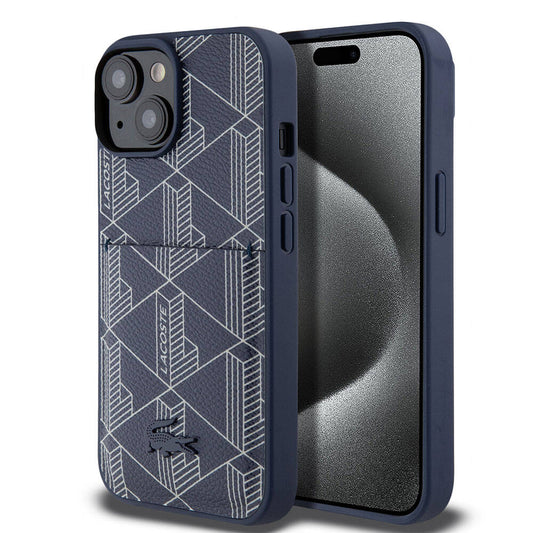 Apple iPhone 15 Kılıf Lacoste Orjinal Lisanslı Magsafe Şarj Özellikli PU Deri Görünümlü Kartlıklı Karışık Monogram Desenli Kapak Lacivert